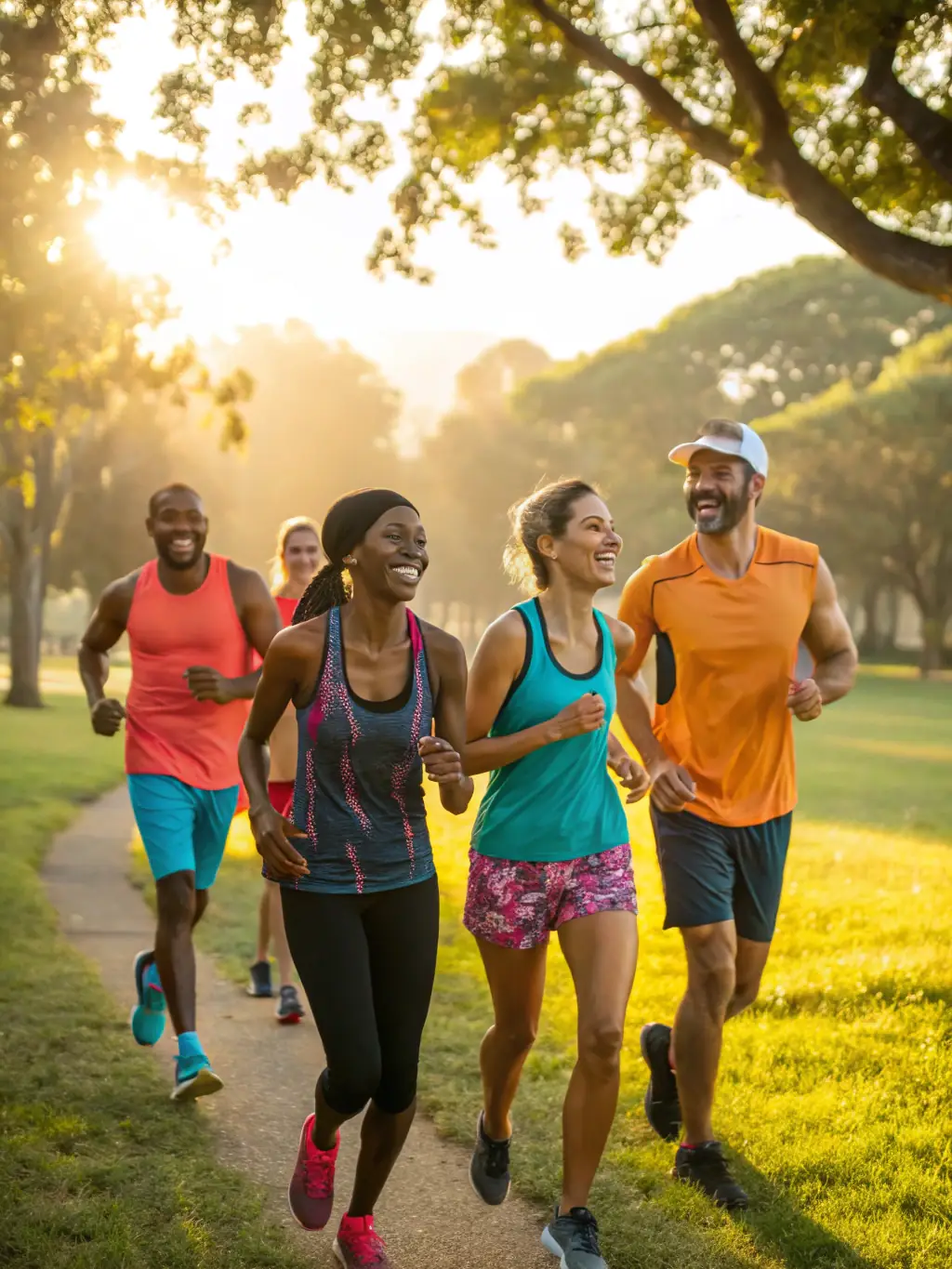 A group of young athletes from ETOILE SPORTIVE DU COLLEGE MERIDIEN are joyfully running a track together, emphasizing the importance of physical health and fitness.