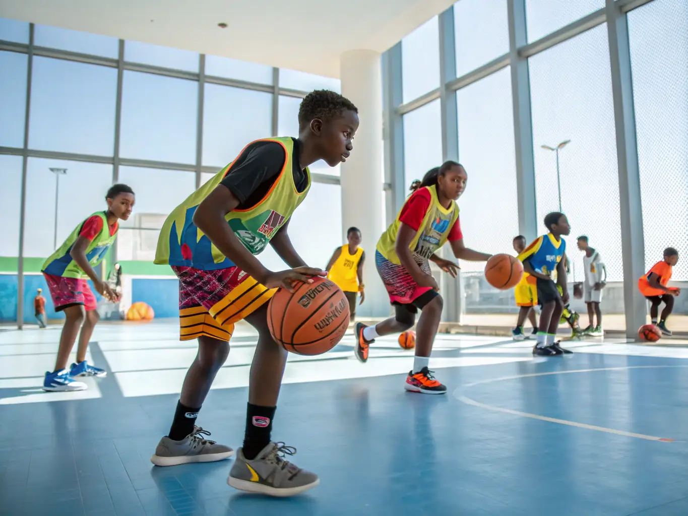 A group of students participating in a basketball training session, focusing on teamwork and coordination, with the coach providing guidance.
