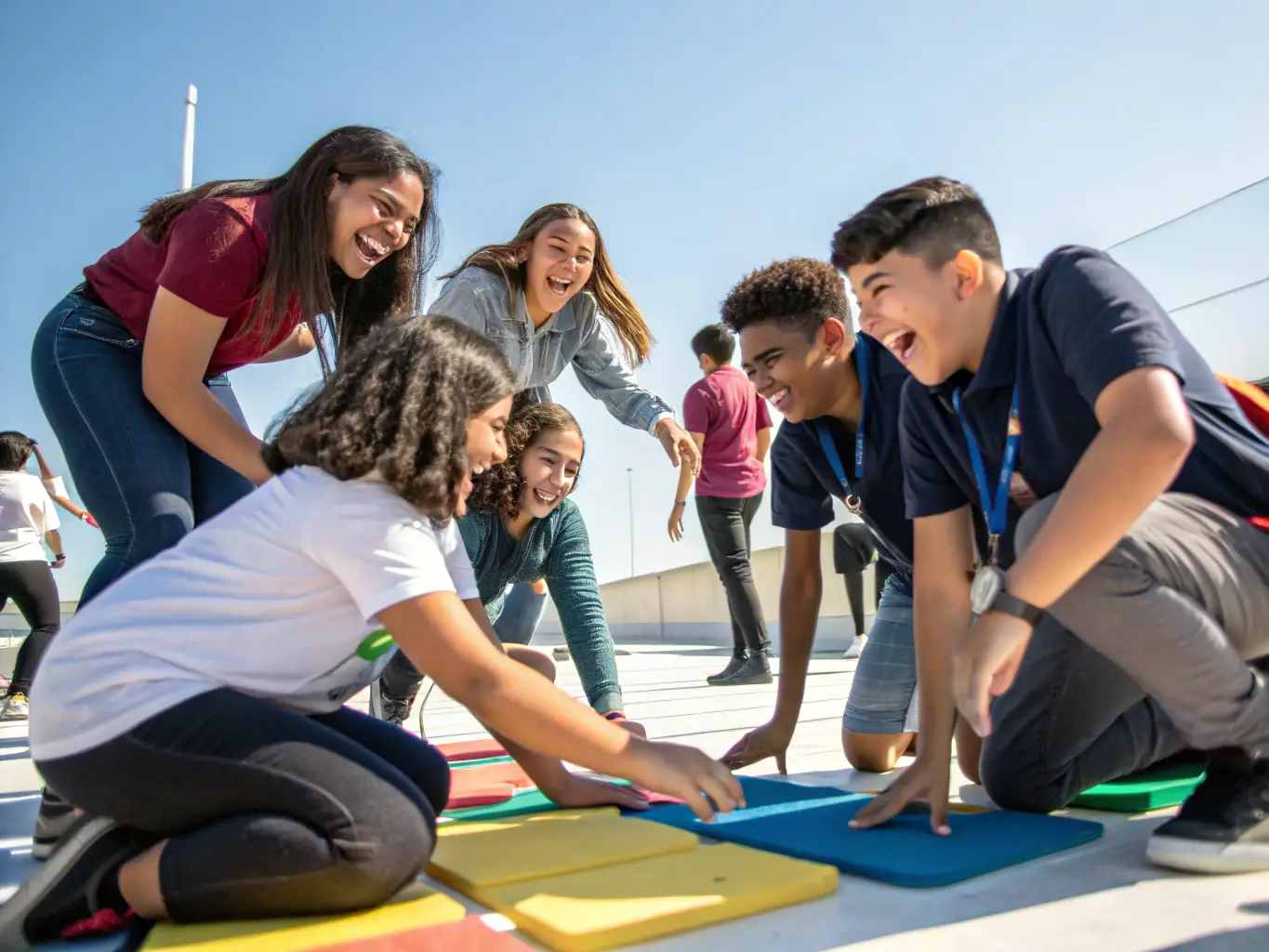 A group of students working together on a team-building exercise, emphasizing communication, problem-solving, and mutual support.